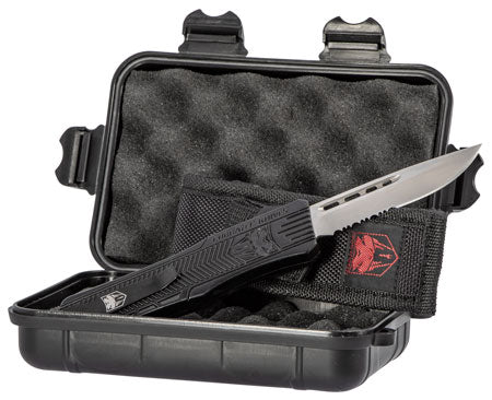CobraTec Knives Medium 3" OTF Drop Point Part Serrated D2 Steel Blade/Black Aluminum Handle