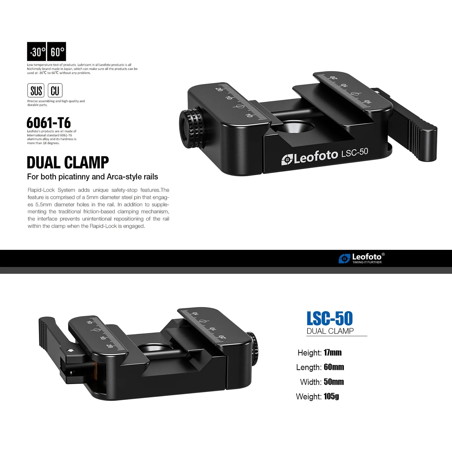 Leofoto MA-40SC 40mm Lever-Control Rapid Lock Ball Head With Dual Arca / Picatinny Clamp