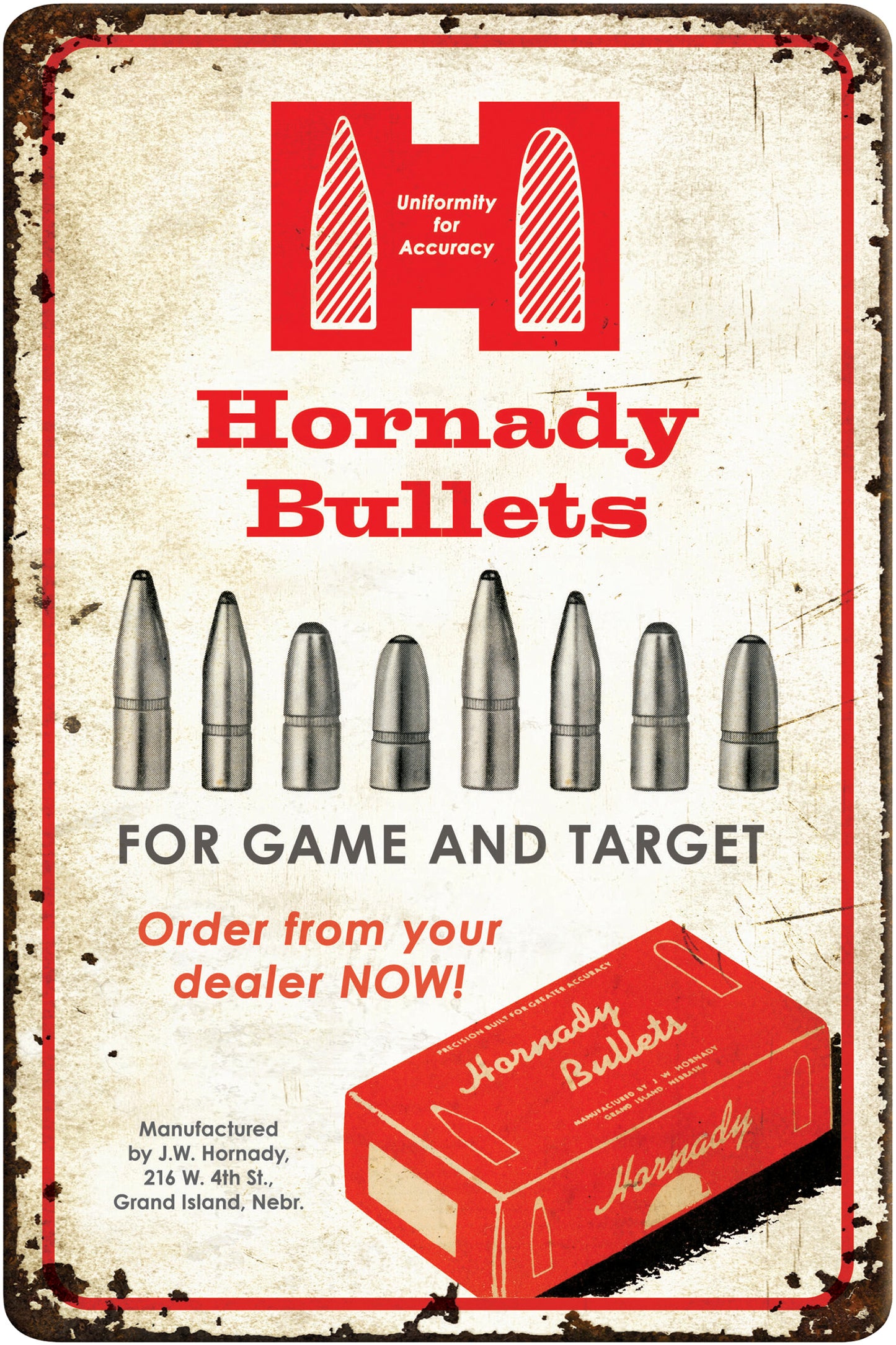 Hornady Bullets Tin Sign Rustic Red White Aluminum 12" x 18"