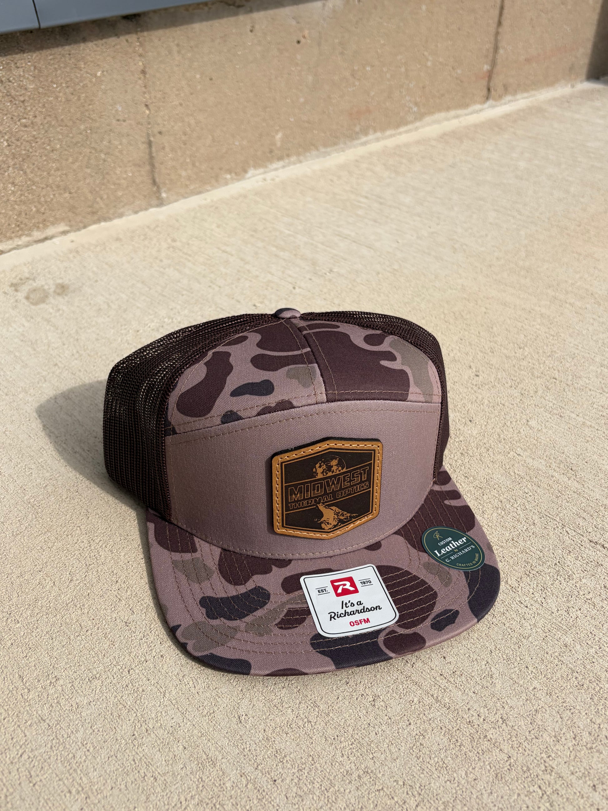 Midwest Thermal Optics Hat Richardson 168P Duck Camo 7-Panel Leather Patch Hat Bark Duck Camo Brown