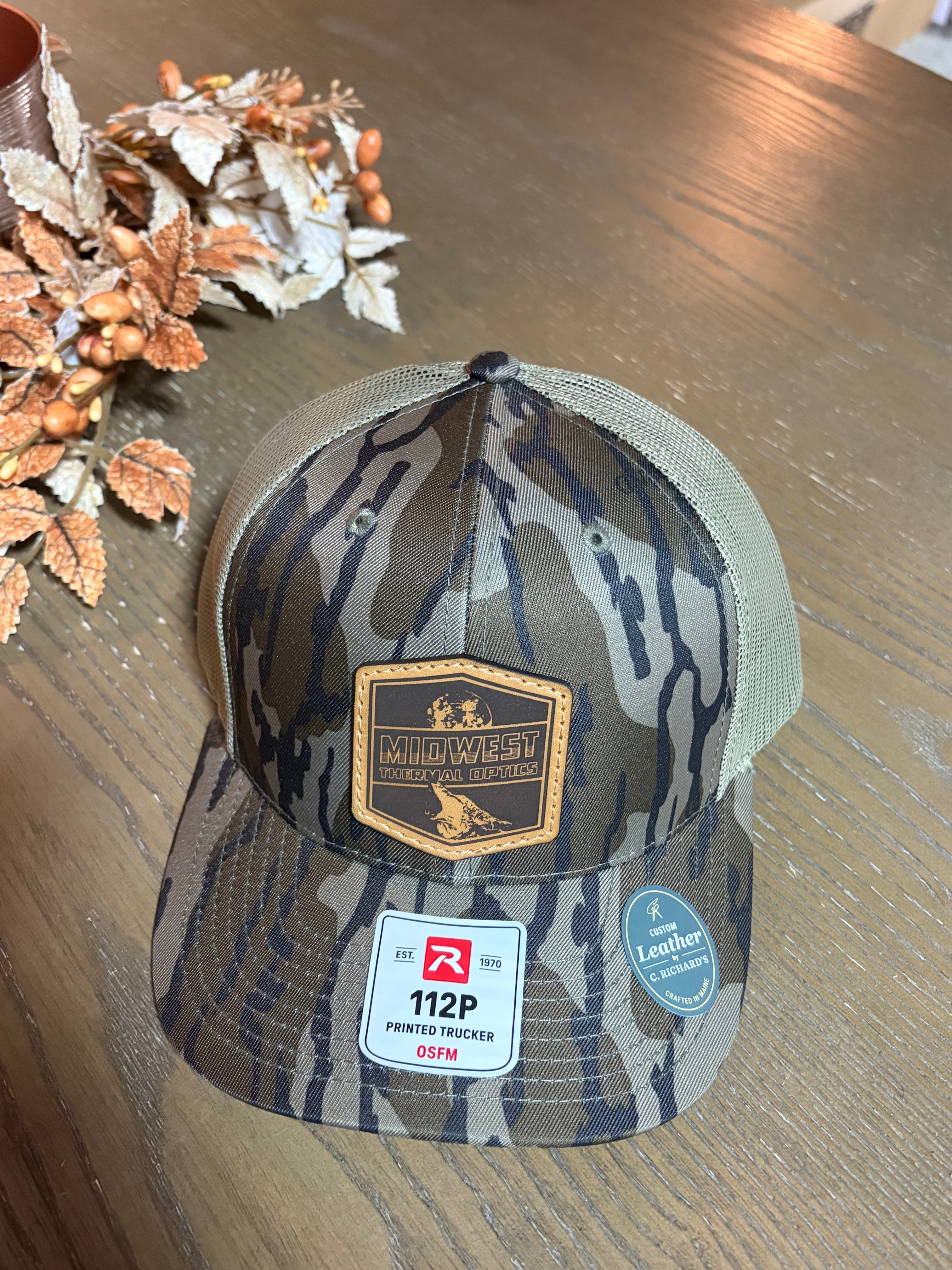Midwest Thermal Optics Hat Richardson 112PFP Camo Leather Patch Hat - Midwest Thermal Optics Hat Mossy Oak Bottomland