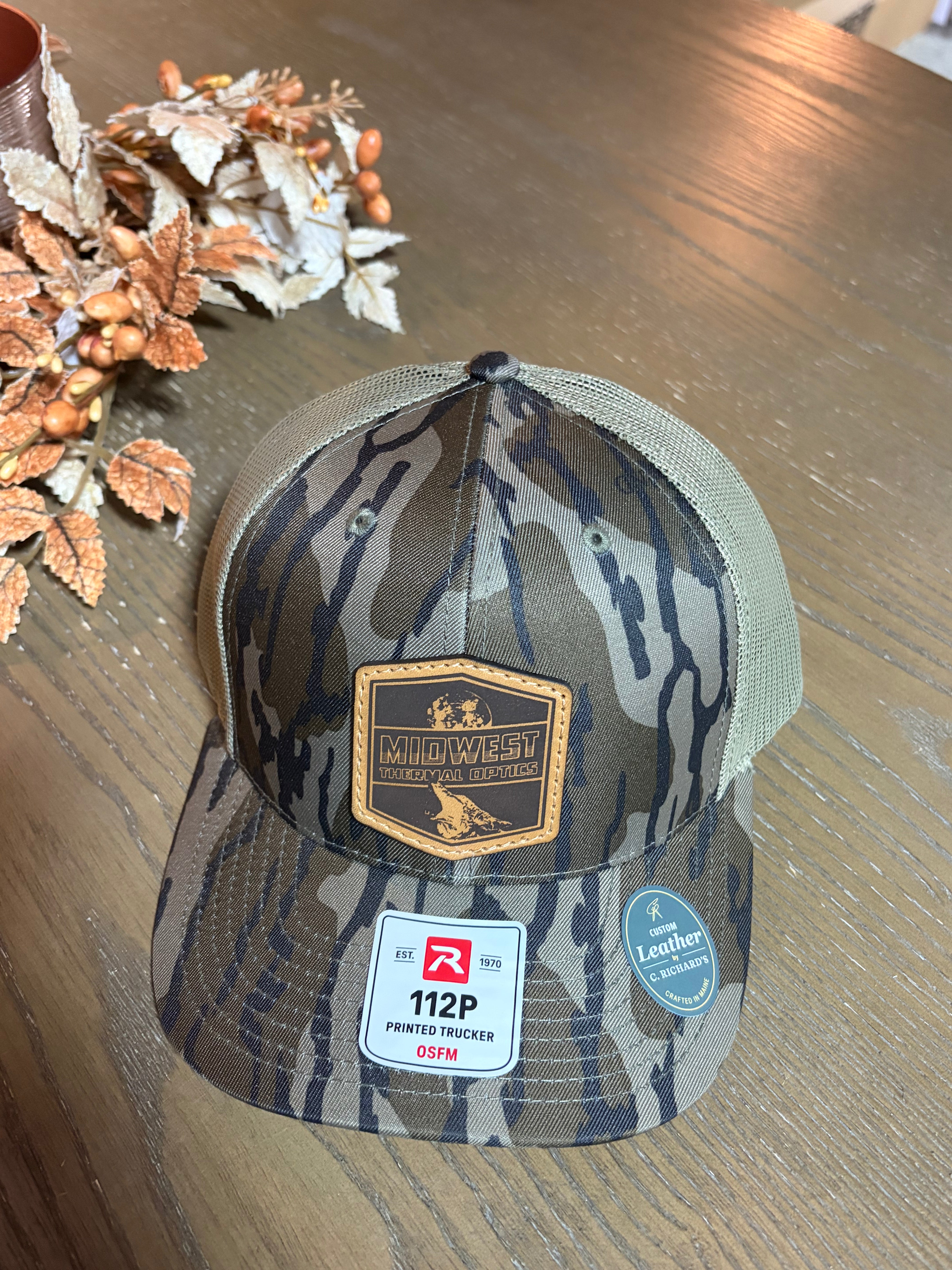 Midwest Thermal Optics Hat Richardson 112PFP Camo Leather Patch Hat - Midwest Thermal Optics Hat Mossy Oak Bottomland