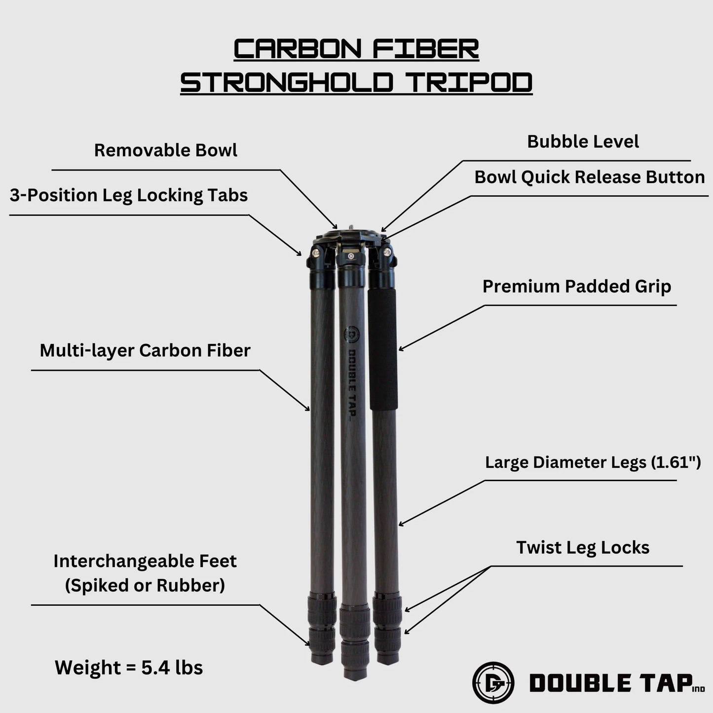 Double Tap Ind Stronghold Carbon Fiber Tripod + Leveling Head