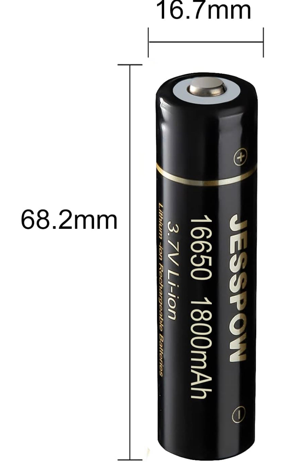 JESSPOW 16650 Rechargeable Batteries W/ Button Top (2 Pack) For Bering