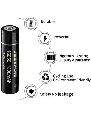 JESSPOW 16650 Rechargeable Batteries W/ Button Top (2 Pack) For Bering